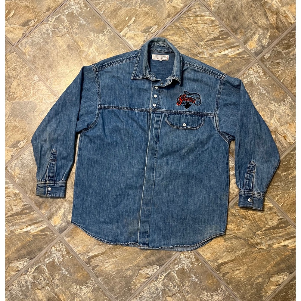 Guess Denim Shirt Women Medium Blue Vintage 90s Georges Marciano Stained Denim